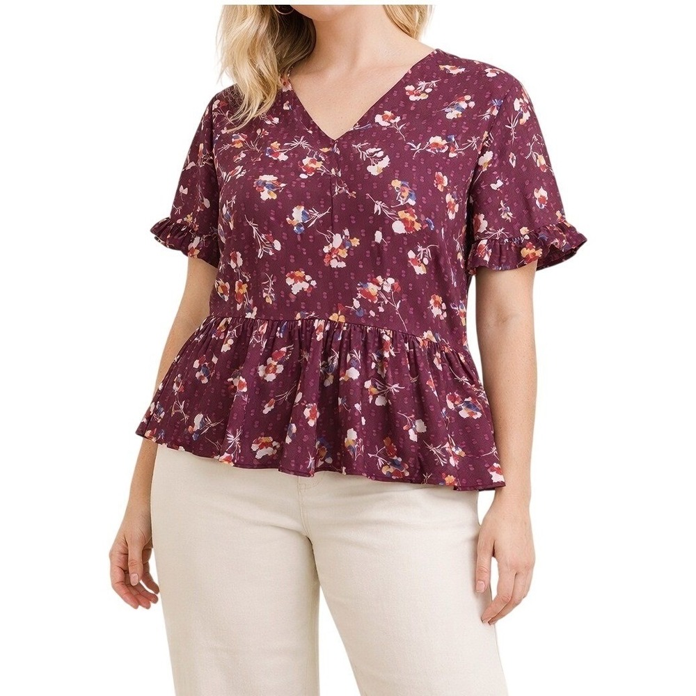 Madewell Burgundy‎ Floral Clip Dot Peplum Blouse Short Sleeve Top Size S